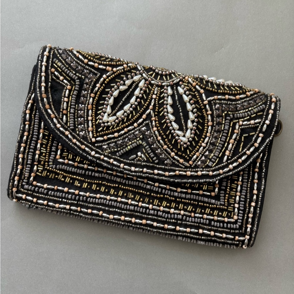 America & Beyond Black Beaded Clutch - Art Deco-Inspired, Gold